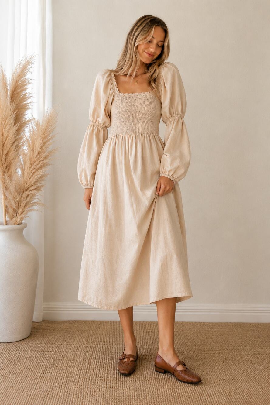 Monbebe Mom Daisy Beige Cotton Midi Dress Womens XS Cottage Core Prairie Minimal